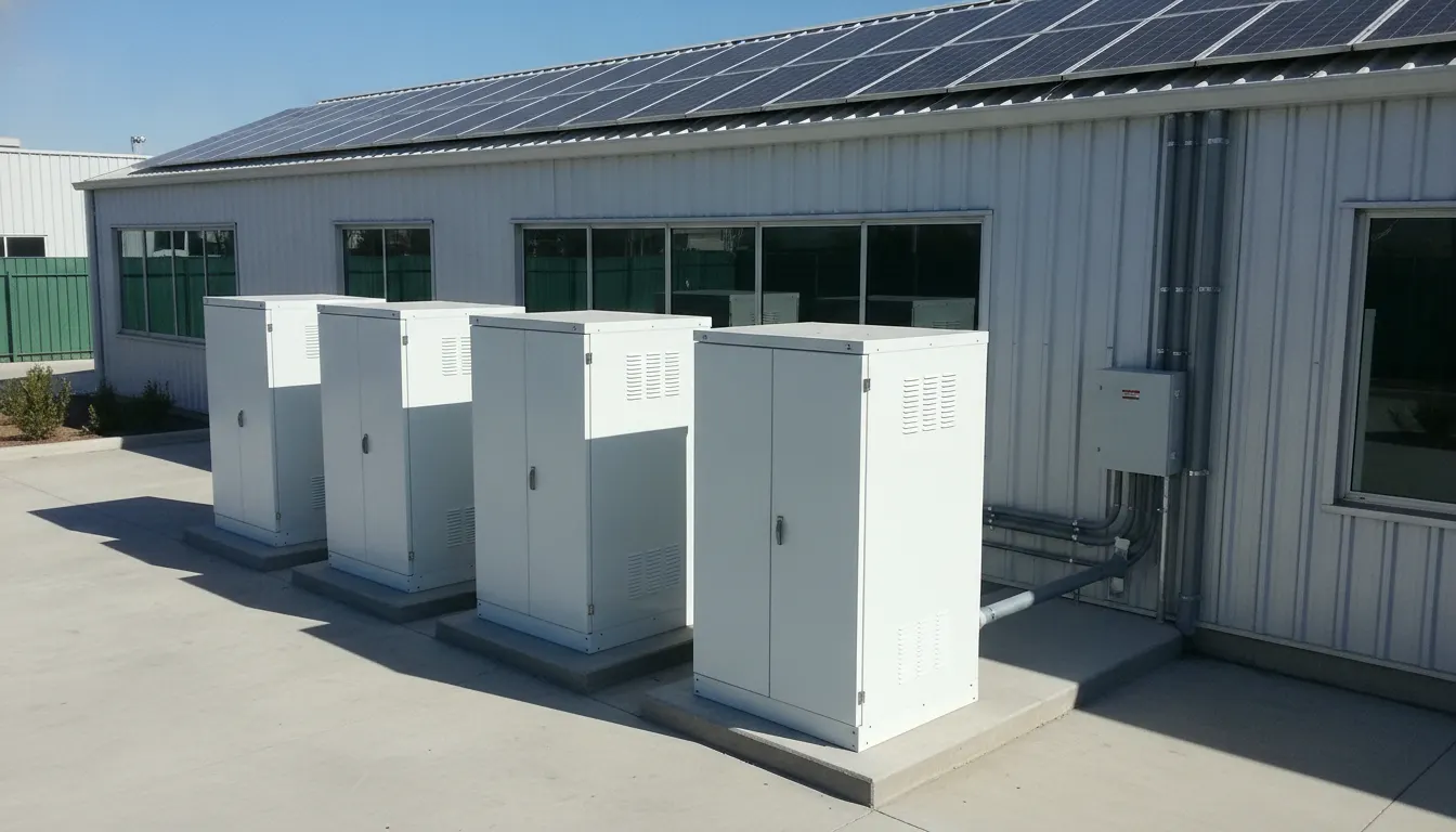 Armarios de baterías junto a una nave con fotovoltaica