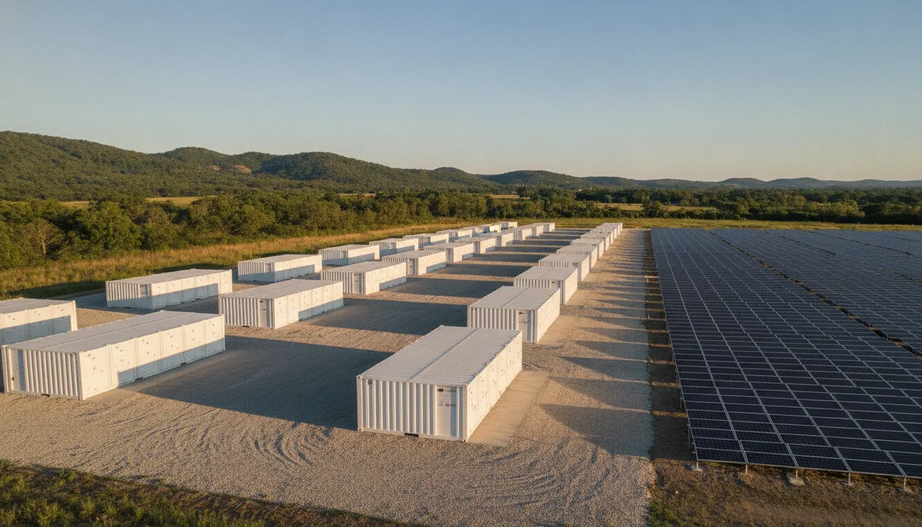 Contenedores de baterías junto a una planta fotovoltaica